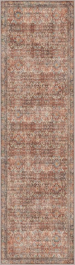 2x7 Runner Rug Machine Washable Boho Rug Runners for Hallway,Ultra-Thin Low Pile Rug,Lightweight Indoor Carpet,Non Slip Floral Runners for Enrtyway, Corridor, Home Office, Kitchen,Terracotta/Indigo