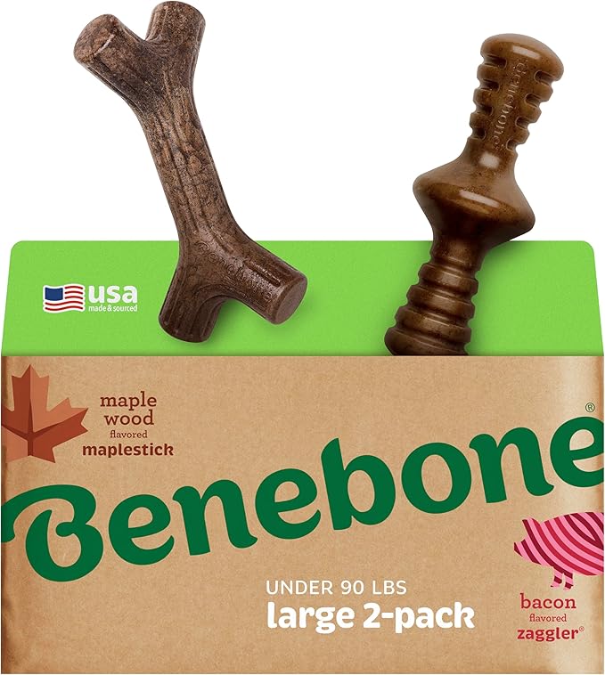 Benebone 2-Pack Maplestick/Zaggler Durable Dog Chew Toys, Real Maplewood, Real Bacon, Made in USA Large