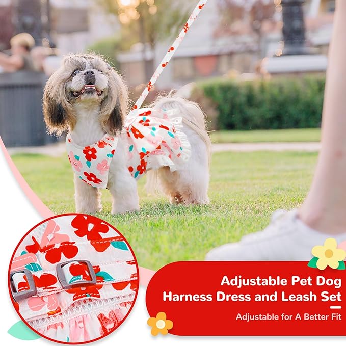Cute Floral Dog Harness Dress and Leash Set for Small Dogs Cats Girl Puppy Bowknot Princess Birthday Dress Summer Female Pet Small Dog Clothes Lace Doggie Kitten Outfits Apparel(Red,XS)