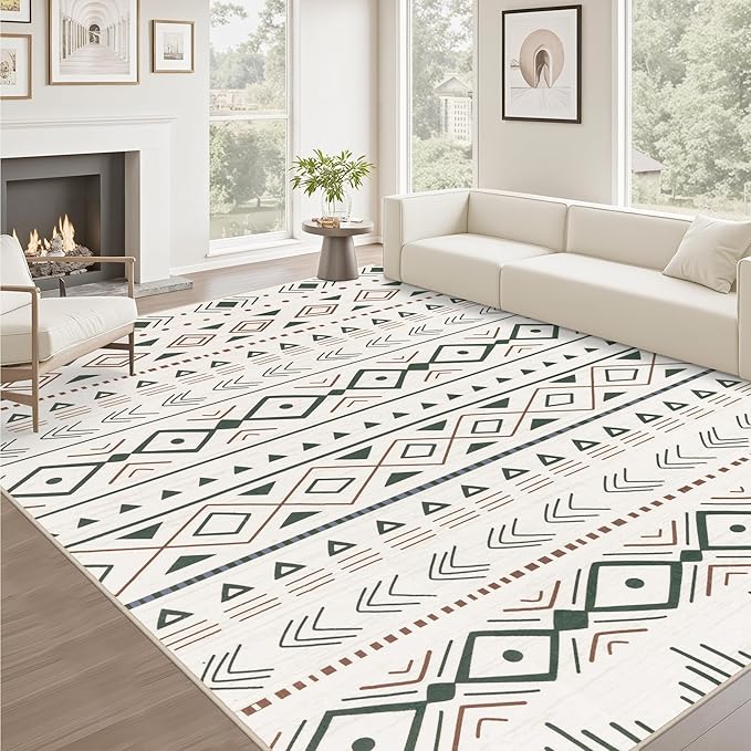 5x7 Area Rugs Living Room Rug: Washable Rug Neutral Lagre Soft Thin Carpet Indoor Floor Non Slip Boho Geometric Moroccan Carpets for Bedroom Dining Room Farmhouse Nursery Office - Brown Green