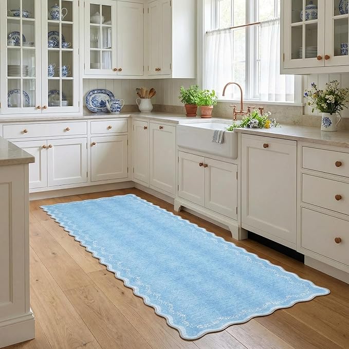 GarveeHome 2.5x8 Scalloped Washable Runner Rug for Kitchen, Soft Blue Long Hallway Runner Non Slip Entryway Rug Farmhouse Thin Laundry Mat Stain Resistant Carpet for Bathroom Beside Rug