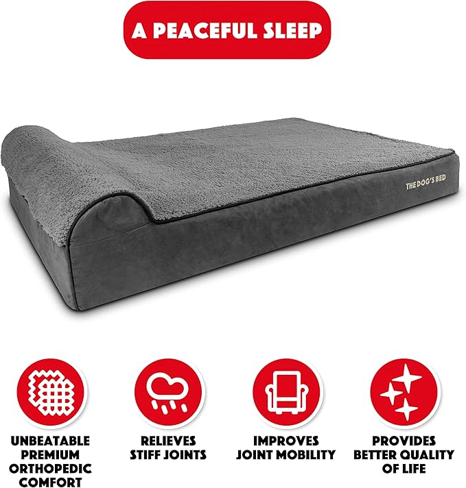 The Dog’s Bed Orthopedic Memory Foam Dog Bed with Headrest, Plush Fabric, Grey Plush, XXL, 6-Inch