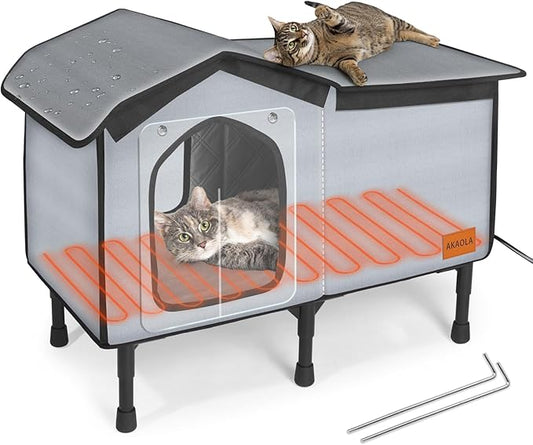 Outdoor Cat House Heated for Outside Winter 100% Waterproof Oxford Tarpaulin with Safe Escape Door and 5" Elevated Base with Heater for Feral Barn Cat Kitty (26“x20”x14“)