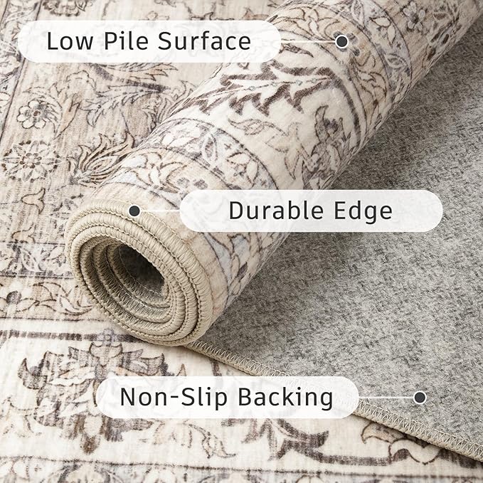 DCX Machine Washable Brown and Beige Entryway Rug 3x5, Non Slip Stain Resistant Vintage Floral Rug for Kitchen Bathroom Front Door Throw Rugs Indoor, Soft Low Pile Small Rugs for Entry