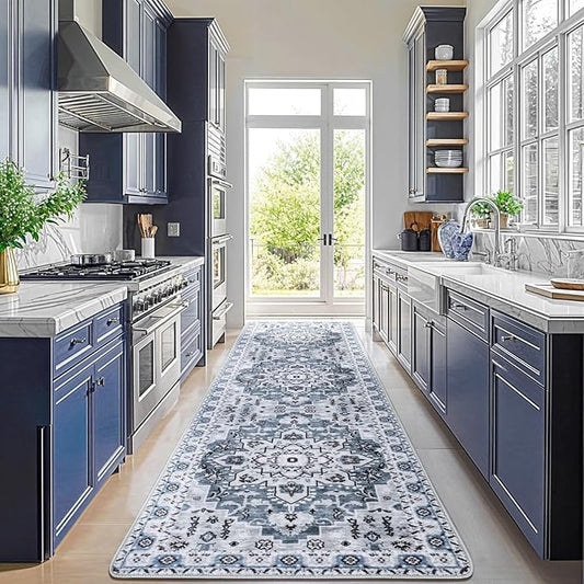 LBRO2M Boho Hallway Rug 2'X10’ Washable Runner Rugs Non Slip Low Piles Rugs Vintage, Soft, Dusty Blue Area Rug Runners for Hallways, Bedroom, Kitchen Laundry Room Pattern Print (2'X10', Light Blue)