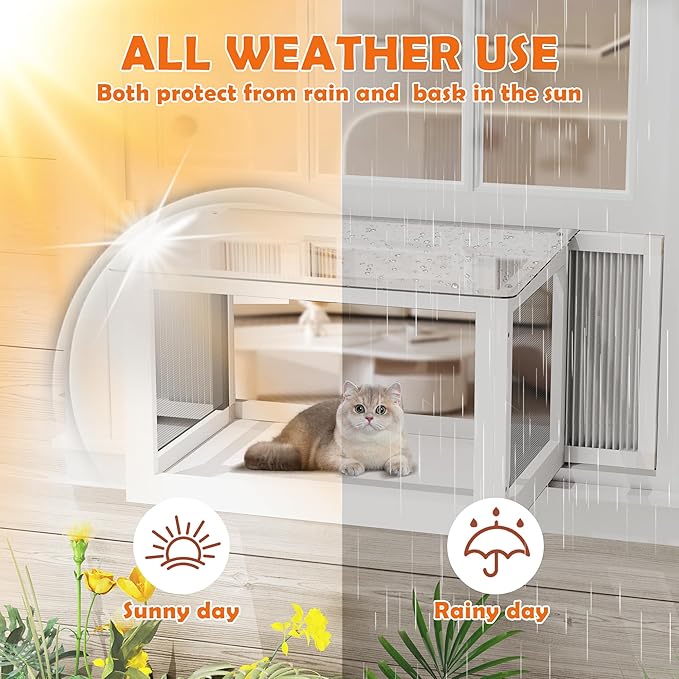 MAGIC UNION Window Catio for Indoor Cats, Cat Catio Outdoor Enclosure Window Box Perch w/Side Mosquito-Proof Wire Fits Double Hung Frames 25.4" to 43.3" Wide, Sunbathing Napping Overlooking (White)