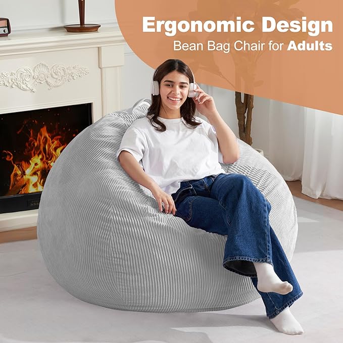 Homguava 4FT Bean Bag Chair for Adults,Teardrop Bean Bags Big Beanbag Chair with Memory Foam Filled and Ultra Soft Removable Corduroy Cover for Living Room, Bedroom (Light Grey)