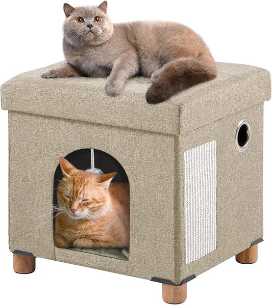 BRIAN & DANY Foldable Cat House, Cat Cave, Cat Cube with Scratch Board & Ball, 14.7" x 14.1” x 12.7”, Light Khaki