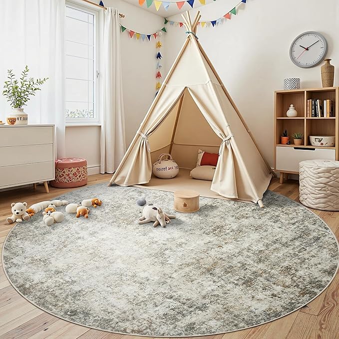 Round Rug 8ft Circle Rug Washable: Carpet Circular Area Rug for Entryway Kitchen Bedroom Dining Room Living Room Large 8 Feet Abstract College Dorm Non Slip Low Pile Beige Brown