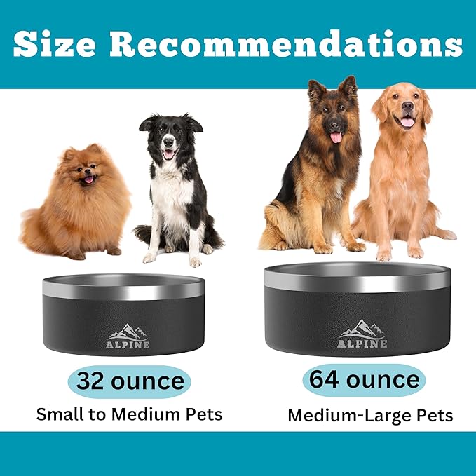 ALPINE Set of 2 Stainless Steel Dog Bowls, Non Slip, Metal Pet Bowl for Food and Water, Double Walled Insulated, Rustproof, Dishwasher Safe (64 oz, Black/White)