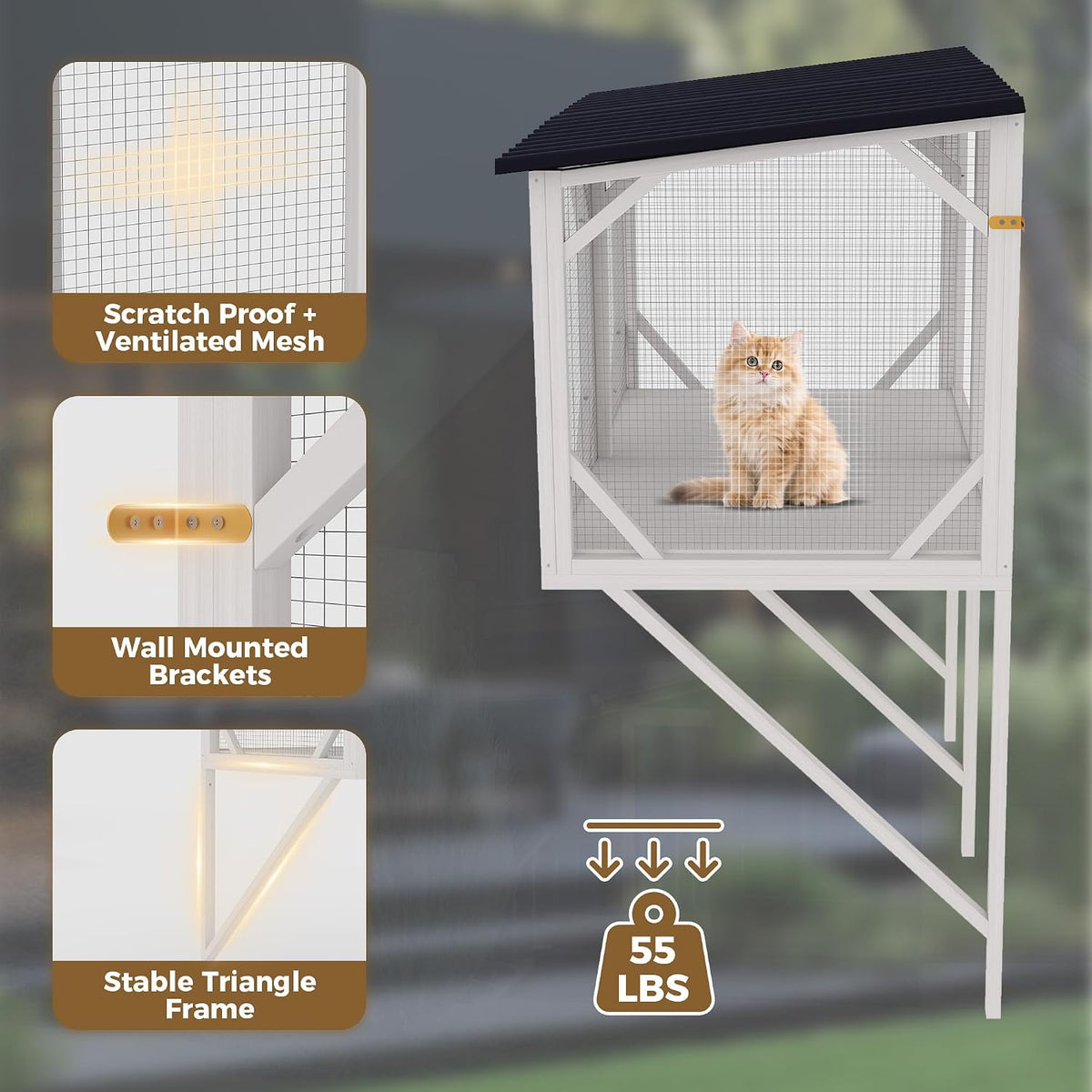 Cat Window Box, 43.3" Catio o Outdoor Cat Enclosure for Sunbathing, Napping & Bird Watching, Wood Cat Window Perch with Mosquito Net Window Catio for Indoor Cats (White)