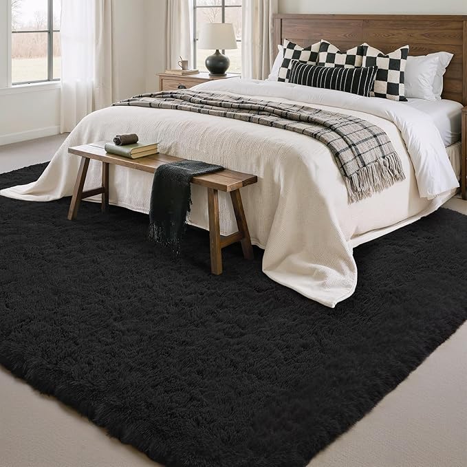 6x9 Area Rug for Living Room, Modern Black Shag Shaggy Plush Carpet Washable Non-Slip Large Rug Super Soft Indoor Fuzzy Fluffy Carpet for Bedroom Home Aesthetic Decor
