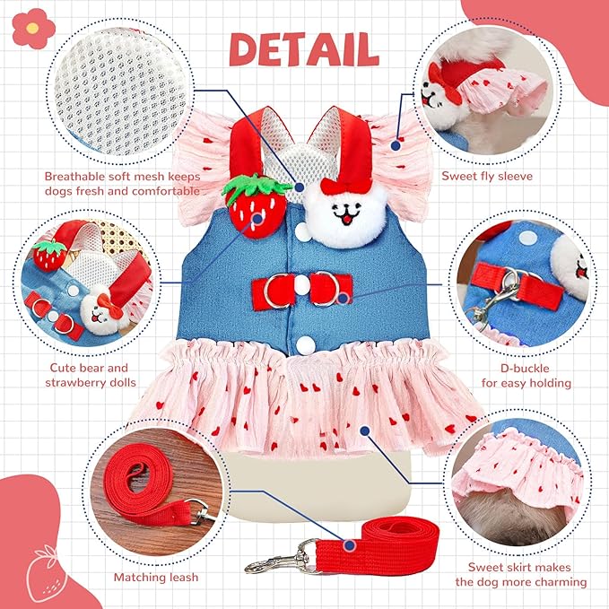 Small Dog Harness and Leash Set Denim Cat Harness Dress for Puppy Clothes for Girls Pink Dog Birthday Dress French Bulldog Harness with Strawberry Bear Decoration