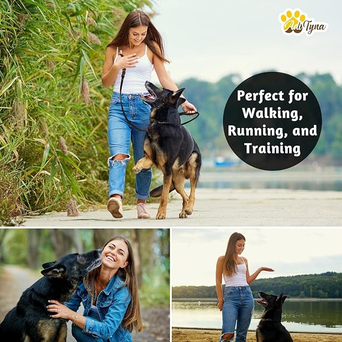ADITYNA - Double Handle Leather Dog Leash 6ft - Heavy Duty Braided Dog Leash with Traffic Handle - Lead for Training and Walking Medium Large Breeds (Black, Two Handles 6 Foot x 3/4")