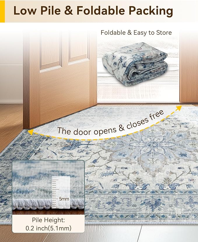 Area Rugs 2'x6' Runner Rug Non Slip Washable for Kitchen Hallway Bedroom Beside Laundry Room Bathroom Rug, Floor Carpet, Light Blue Navy Beige Gray White