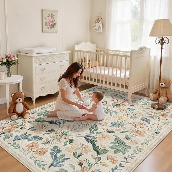 6x9 Area Rugs Washable Rug: Lagre Boho Living Room Rug Soft Non-Slip Thin Carpet Indoor Floor Non-Shedding Neutral Floral Carpets for Bedroom Dining Room Farmhouse Nursery Beige