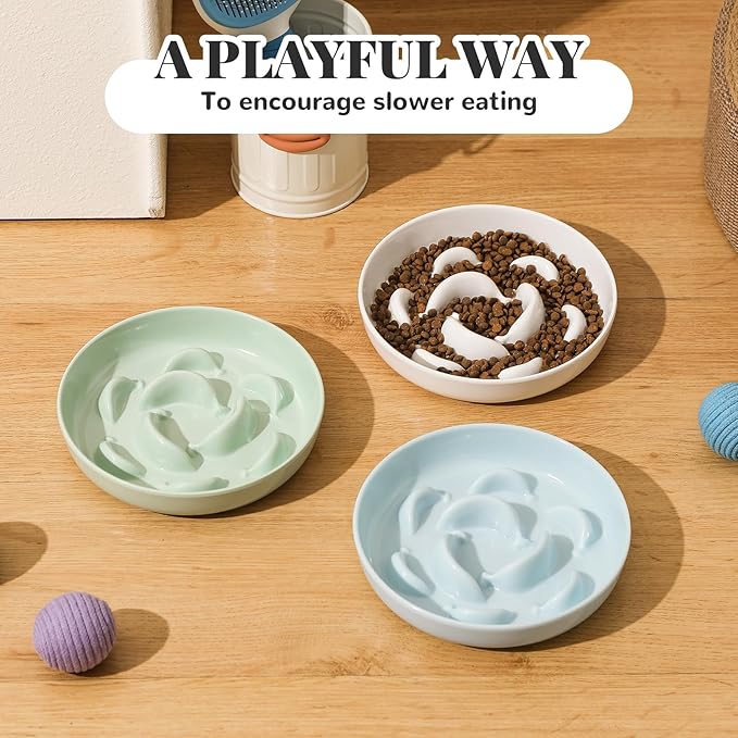 Melamine Slow Feeder Cat Bowls - Set of 3 Cat Food Dishes - Fun Maze Design for Slow Feeding - Dishwasher Safe - White × 3