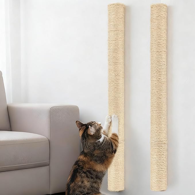2 Pcs 30" Wall Mounted Cat Scratching Post for Large Cats, Wall Mounted Sisal Scratching Post, Furniture for Indoor Cats Climb Stretch Play, Tall and Sturdy Cat Climbing Pole, Wooden