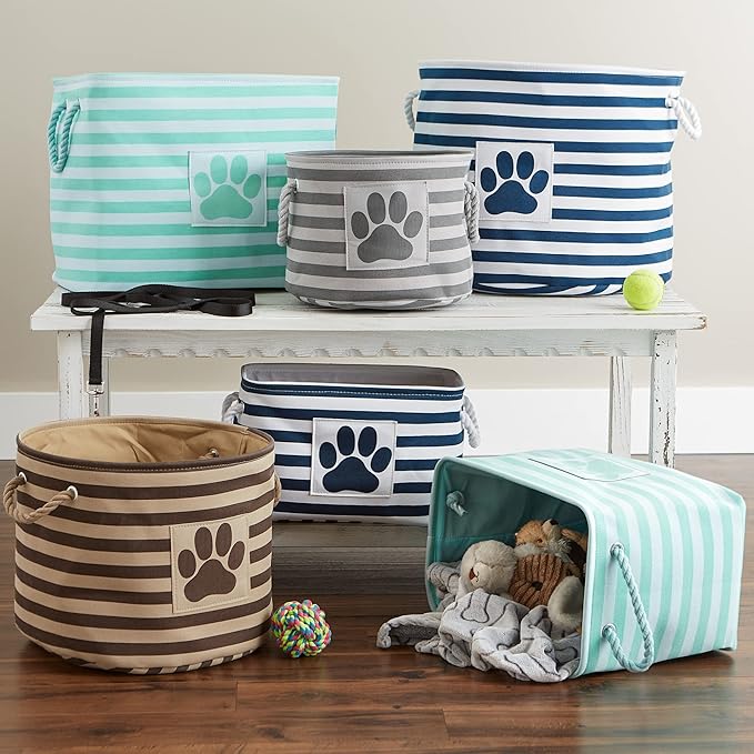 Bone Dry Pet Storage Collection Striped Paw Patch Bin, Large Round, Navy