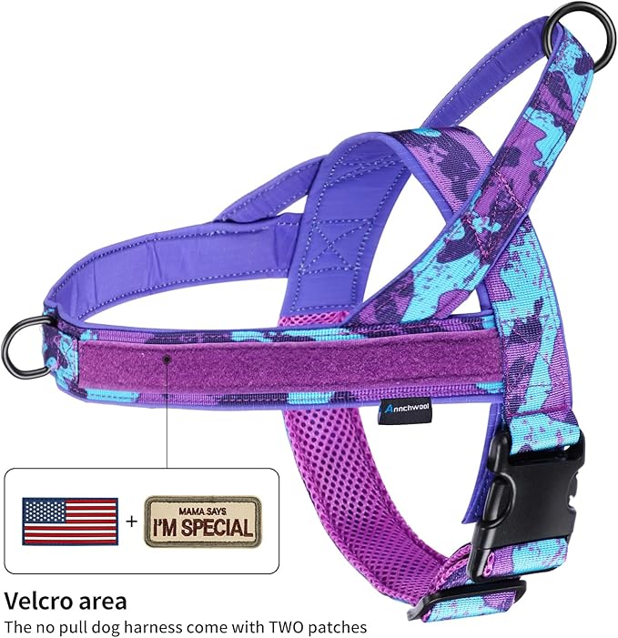 Annchwool No Pull Dog Harness with Padded Handle+5 Ft Leash,Escape Proof and Quick Fit to Adjust Dog Harness,Easy for Training Walking for Small & Medium and Large Dogs(Camo Purple Set,S)