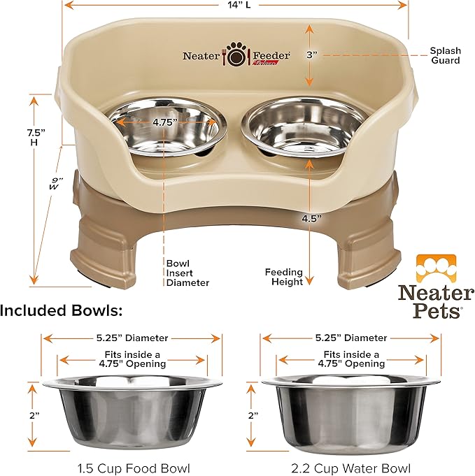 Neater Feeder Deluxe Mess Proof Dog Bowls Elevated for Small Breeds – Made in USA – No Spill Raised Dog Food Bowl Stand w/Leg Extensions – Stainless Steel Dog Food and Water Bowl Set – Beige