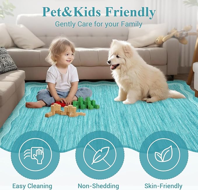 GarveeHome Modern Rug for Living Room 9x12 Large Scalloped Carpet, Non-Shedding Contemporary Easy Cleaning Mats, Solid Color Teal Indoor Rug for Office, Dining Room, Playroom, Bedroom