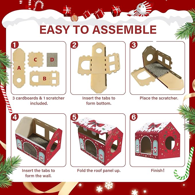 WESTERN HOME Christmas Cardboard Cat House, Indoor Cat Scratcher House (16.5''x12''x15''), Christmas Cats Cardboard Playhouse Hideaway for Small Animals