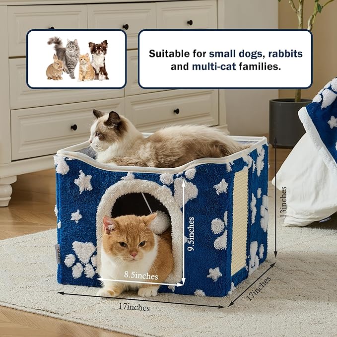 Cat Houses for Indoor Cats, Cute Cat Cave with Fluffy Ball Hanging and Scratch Pad, Foldable Kitten Condo Hideaway, 17x17x13 inches, Navy Paw