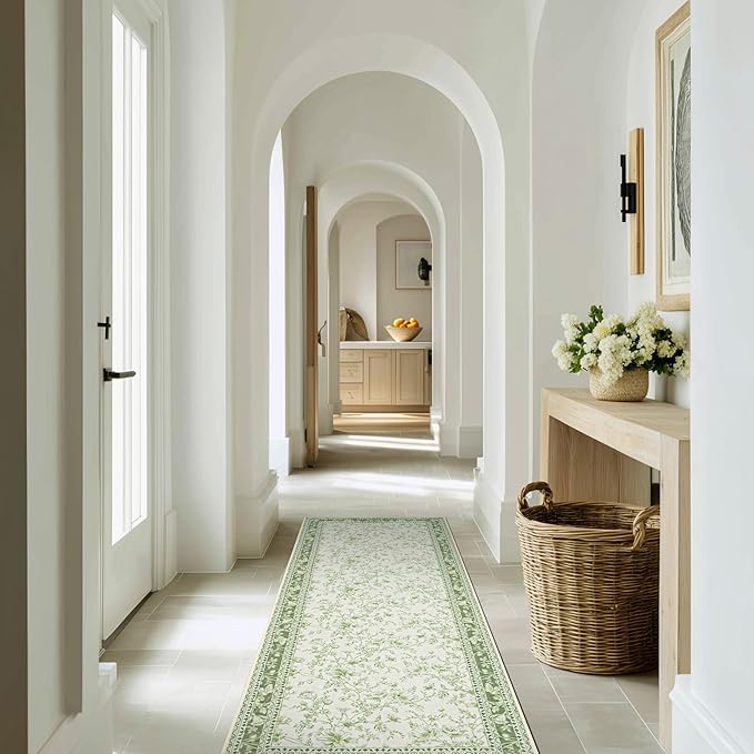 Light Green Kitchen Rug 3x8 Modern Vintage Boho Farmhouse Unique Floral Sage Cream Beige Peony Lily Sketch Style, Washable Low Pile Non-Slip Extra Long Wide Runner Rugs for Hallway 8 ft Long