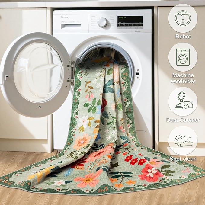 Area Rug Living Room Rugs: Floral 4x6 Washable Rug Vintage Soft Boho Non-Slip Carpet Indoor Floor Stain Resistant Large Carpets for Bedroom Dining Room Farmhouse Nursery Hallway Home Office Green