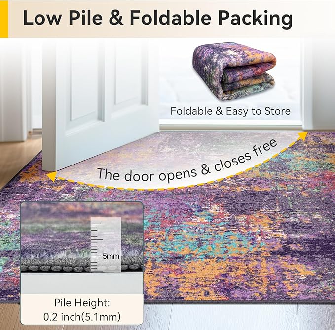 Washable Area Rugs 5'x7' Non-Slip Modern Abstract Soft for Living Room Entryway Bedroom Nursery, Print Pattern, Purple Orange Blue Green Rust Red Colorful