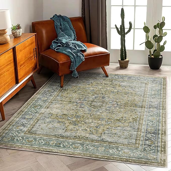 Area Rug 5'x7' Washable Rug Vintage Traditional Floor Cover Thin Retro Kitchen Indoor Distressed Non Slip Carpet for Living Room Bedroom Dining Room