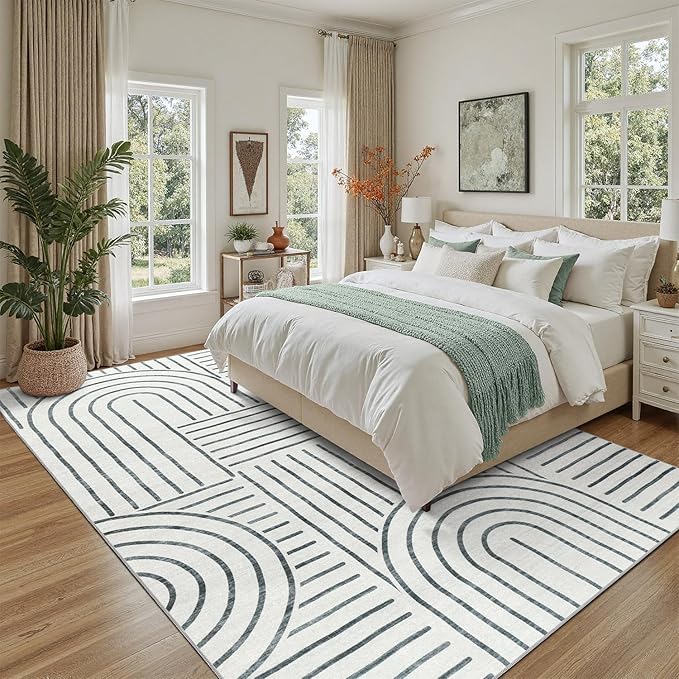 DCX Abstract Machine Washable 5x7 Rug, Gray Modern Accent Rug for Living Room, Soft Low Pile Non Slip Carpet, Kid & Pet Friendly Stain Resistant Rug for Bedroom Dining Room Office