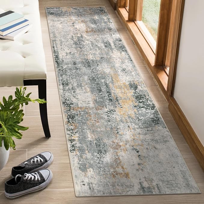 Lahome Modern Abstract Runner Rug - 2x8 Grey Hallway Long Bathroom Rugs with Rubber Backing, Kitchen Carpet Non Skid Indoor Floor Runners for Entryway Laundry Living Bedroom 2' x 8'