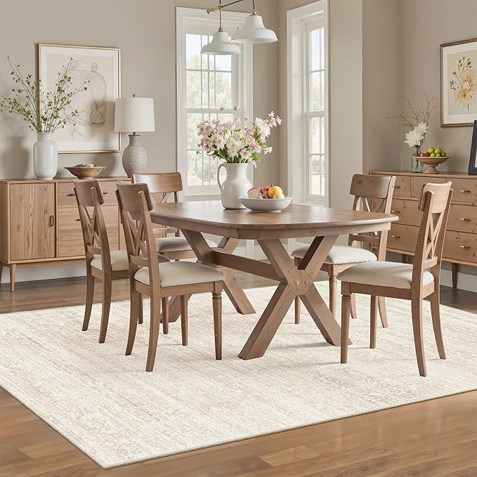 6x9 Area Rugs for Living Room, Washable Neutral Rugs for Bedroom, Floral Vintage Non-Slip Soft Throw Carpet for Dining Room Farmhouse (Beige/Cream, 6'x9')