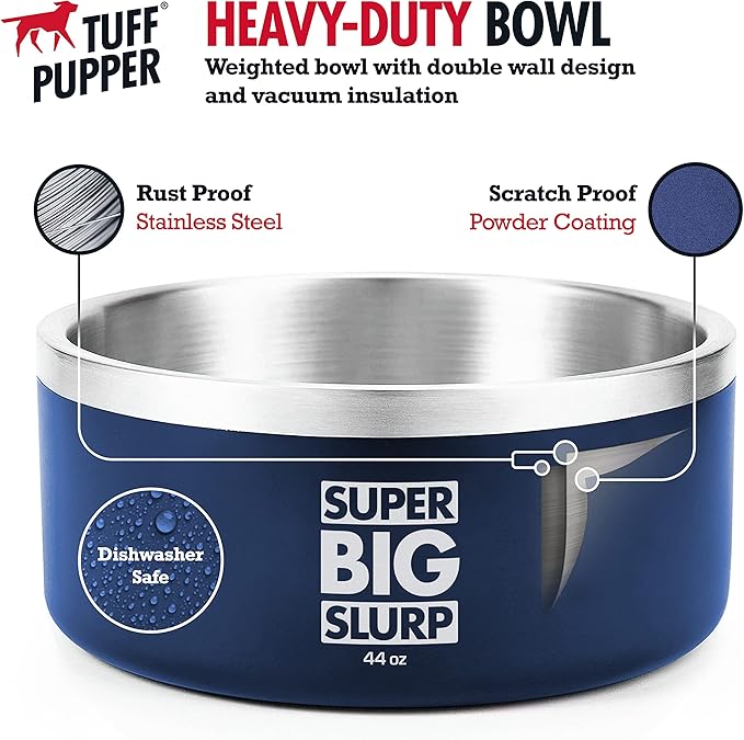 Tuff Pupper Heavy Duty Insulated Dog Bowl | Double Wall Stainless Steel Dog Food Dish | Non-Slip Spill Proof Dishwasher Safe Cat Bowl | Water Dish for Feeding Large Medium Small Pets (44oz, Blue)
