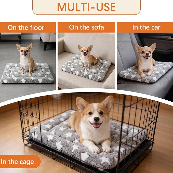 Dog Bed Mat, Reversible Crate Pad & Cute Dog Bed - Machine Washable Kennel Mat with Ultra Soft for Small Dogs (Cool/Warm), 24" x 18", Grey&Star