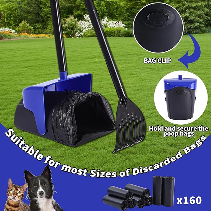 Pooper Scooper Large Swivel Bin & Rake with 160 Waste Bags,Heavy Duty Dog Pooper Scooper with Bag Attachment for Large Small Dogs, Long Handle Poop Scooper with Lid for Yard, Grass, Gravel (Blue)