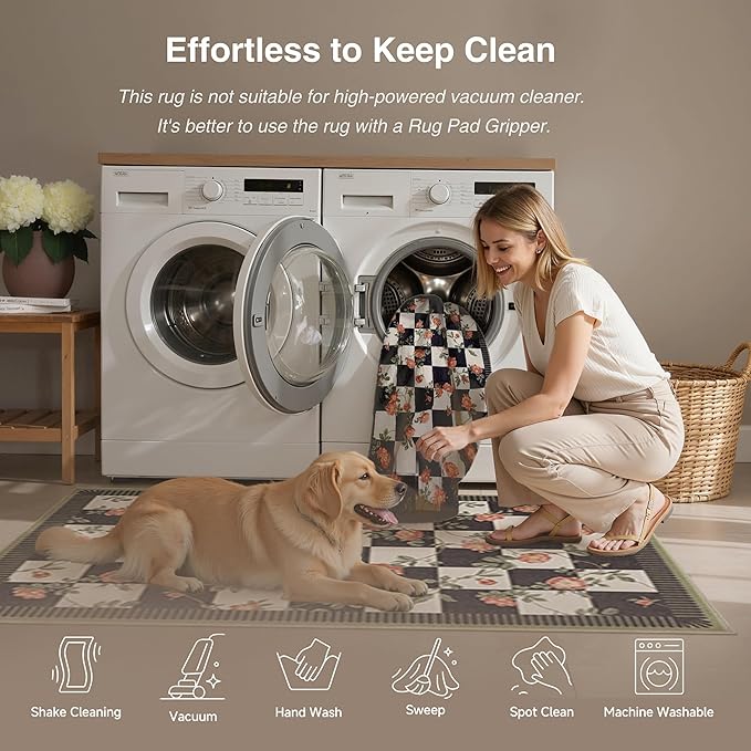 HUGEAR 6x9 Checkered Area Rugs Machine Washable Black and White Living Room Rug Floral Print Non-Slip Stain Resistant Low Pile Indoor Throw Carpet for Bedroom Home Unique Aesthetic Modern Decor