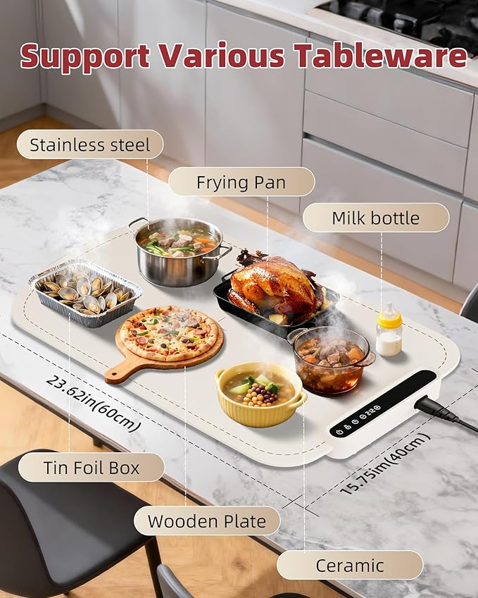 Warming Mat for Food, Upgraded Fast-Heating Electric Warming Tray with 7 Temp Levels & 8 Timers, Buffet Raised Feet & Rollable Silicone Heat Pad, Portable Food Warmer for Home, Party & Travel (Beige)