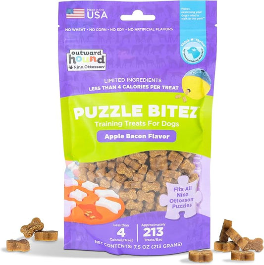 Outward Hound by Nina Ottosson Puzzle Bitez USA Made Dog Treats, Apple Bacon Flavor, Bite-Sized Training Reward and Interactive Puzzle Toy Treats, 7.5oz