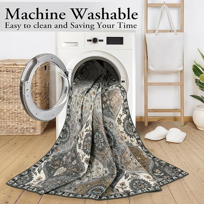 Lahome Moroccan Washable Area Rug 6x9, Ultra-Thin Large Living Room Rugs for Bedroom, Oriental Trellis Distressed Non Shedding Throw Carpet for Dining Room Office, Grey