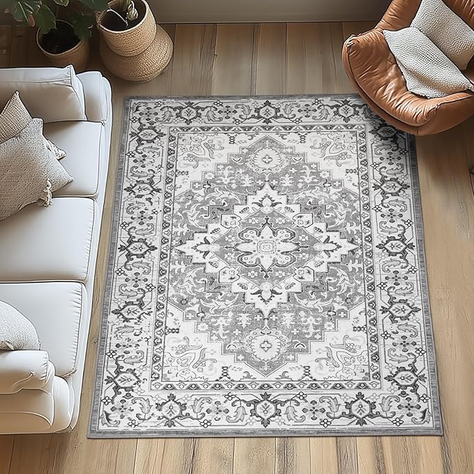 Lessymo 3 x 5 Area Rugs for Living Room- Machine Washable Area Rugs Boho Faux Wool Low Pile Area Rug for Bedroom Floral Medallion Vintage Rugs with Non-Slip Rubber, Kid & Pet Friendly,Grey Beige