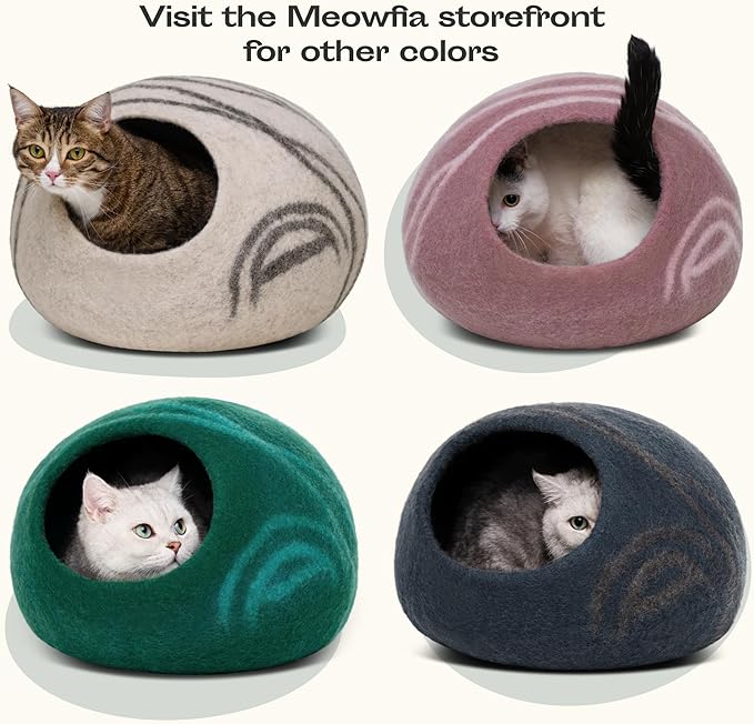 MEOWFIA Cat Cave – Premium Felt Cat Bed for Indoor Cats, Handmade Merino Wool (Light Grey, Medium)