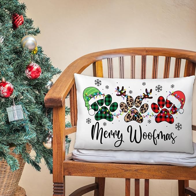 Dog Christmas Pillow Covers 20x12, Plaid Leopard Dog Paw Print Xmas Decorative Covers for Couch, Living Room Bedroom Decor