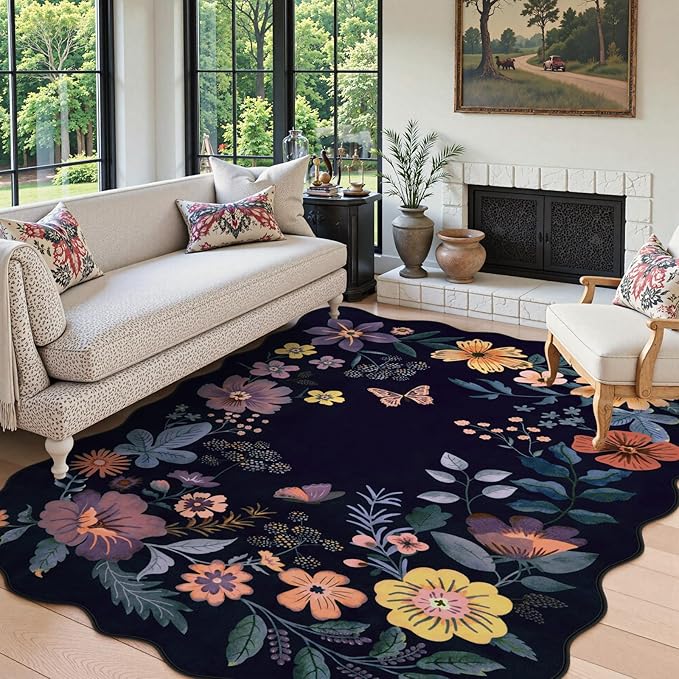 Lahome Floral Washable Rugs for Living Room, 5x7 Area Rugs Ultra-Thin Soft Rug, Non-Slip Bedroom Rug Stain Resistant Lightweight Boho Low-Pile Throw Carpet for ‎Dining Room Office (5x7ft,Purple)