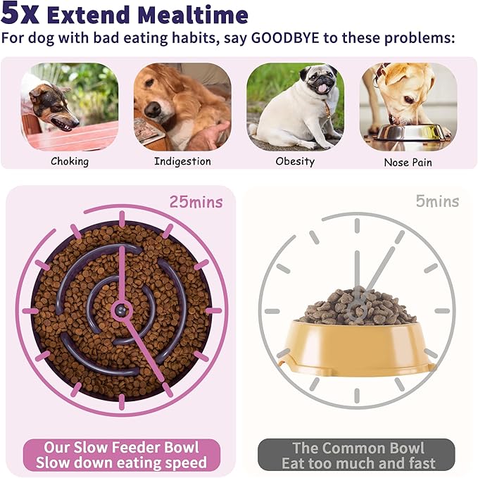 Elevated Slow Feeder Dog Bowl - Puzzle Maze Dish with Bamboo Stand - Raised Ceramic Food Bowl for Medium and Large Dogs - 8.8 Inch - Purple