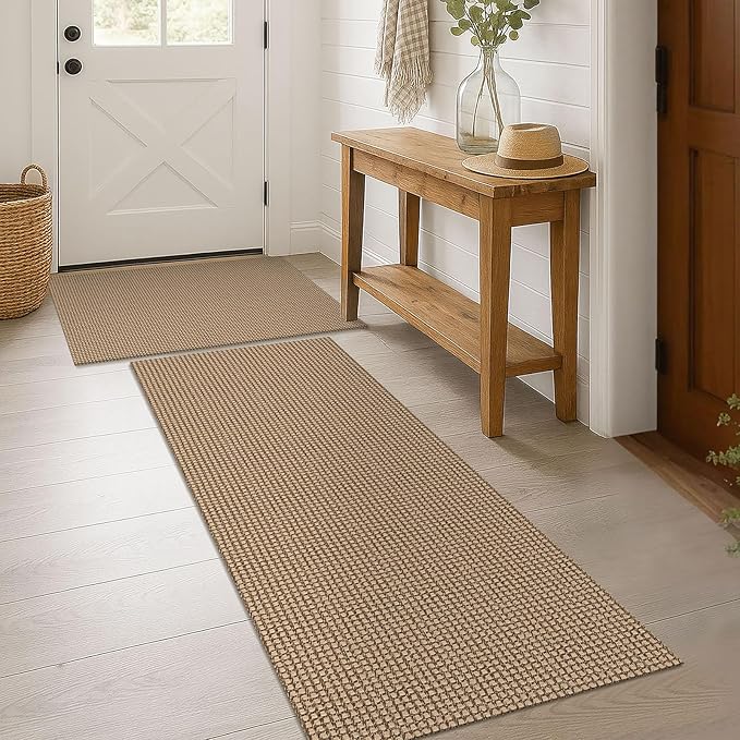KOZYFLY Area Rug Runner Sets of 2 Pcs 2x3 and 2x6 Washable Kitchen Rugs Non Slip Rubber Backed Hallway Rug Woven Cotton Entrance Rugs for Front Porch Bathroom Kitchen Bedroom, Tan/Orange/Brown