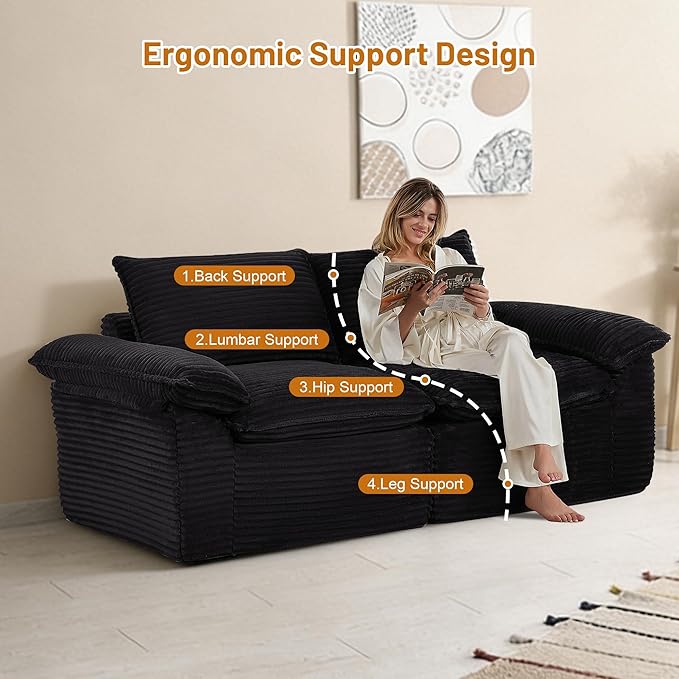 80" Cloud Loveseat Sofa, Boneless Couch Sofa in A Box for Living Room, Modern Modular Sectional Sofas 2 Seat Couch Foam Comfy No Assembly Cloud Couches with Throw Pillows for Bedroom, Dorm，Black