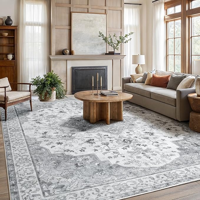 Amada 8x10 Area Rugs, Non-Slip Washable Rug with Low Profile, Durable Bound Edge, Soft Large Vintage Rug for Living Room, Bedroom, Dinning Room, Home Office,Silver Gray